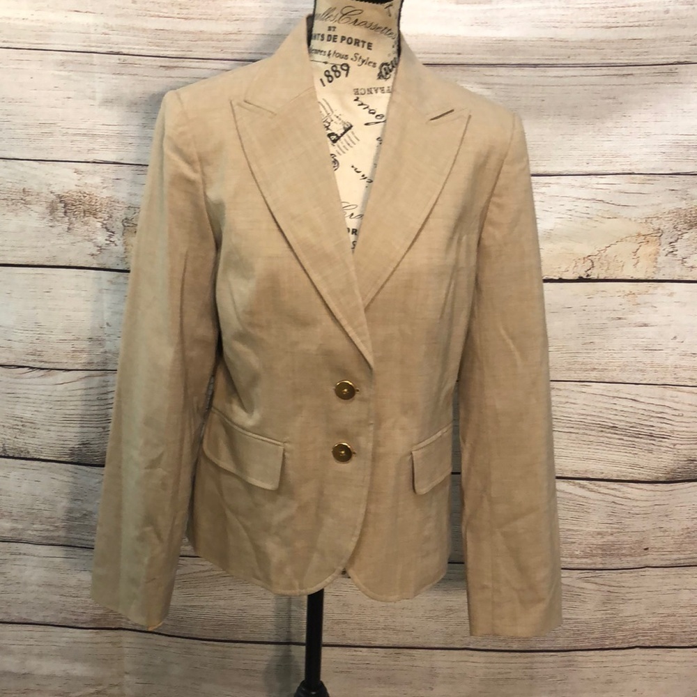 Neiman Marcus Blazer Wool Gold Buttons Tan Size 6